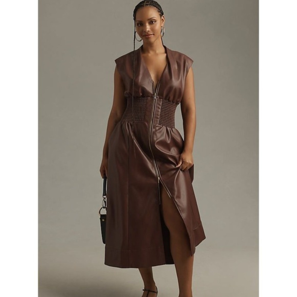 By Anthropologie Tommie Cap Sleeve Faux Leather Zip Front Shirt Dress Size Large
